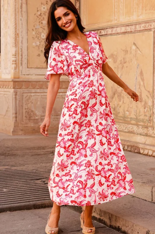 Midi dresses with metallic threads for a glamorous evening event Anais Hammered Satin Dress | Paisley Floral Cream/Red/Pink Midi dresses with metallic threads for a glamorous evening event Anais Hammered Satin Dress | Paisley Floral Cream/Red/Pink