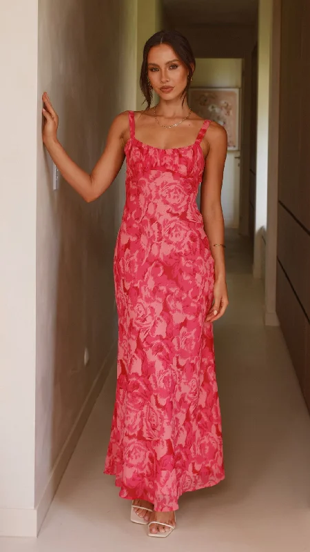Midi dresses with pom - pom trims for a playful and festive look Margo Midi Dress - Pink Floral Midi dresses with pom - pom trims for a playful and festive look Margo Midi Dress - Pink Floral