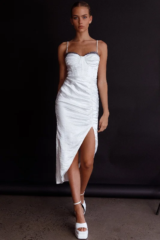 Midi dresses with button - front designs for a classic touch Fantasy Structured Bodice Ruched Midi Dress White Midi dresses with button - front designs for a classic touch Fantasy Structured Bodice Ruched Midi Dress White