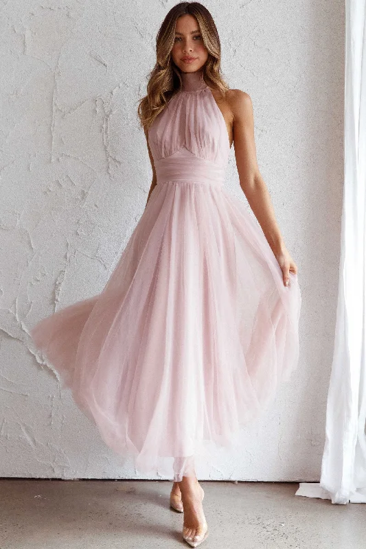 Andria Halterneck Tulle Midi Dress Blush