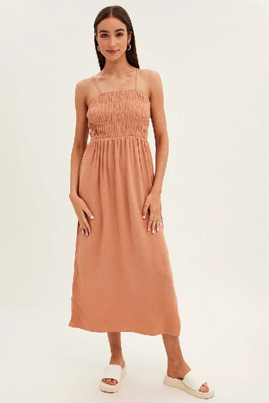 Beige Maxi Dress With Straps Shirring Linen Blend