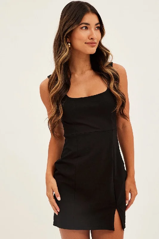 Black Bodycon Dress Front Split Square Scoop Neck