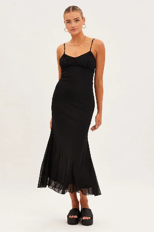 Black Maxi Dress Sleeveless Gathering Bust Mesh