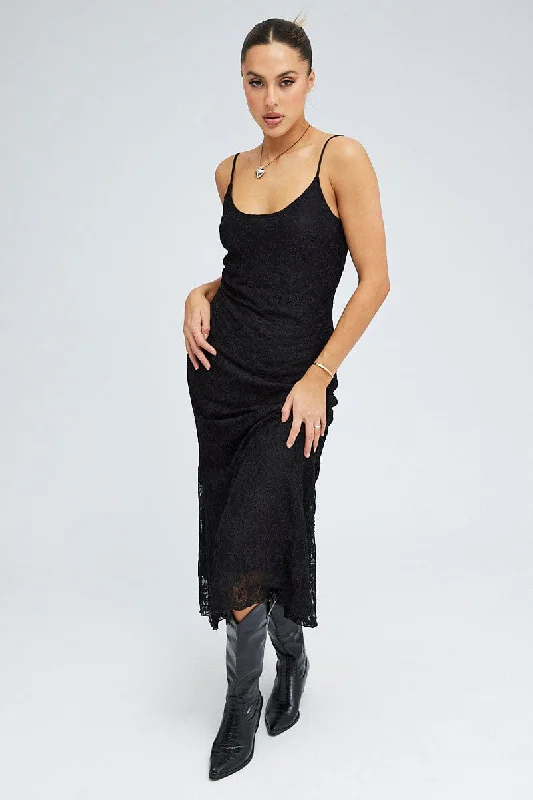 Black Maxi Dress Sleeveless Scoop Neck Flare Hem Lace