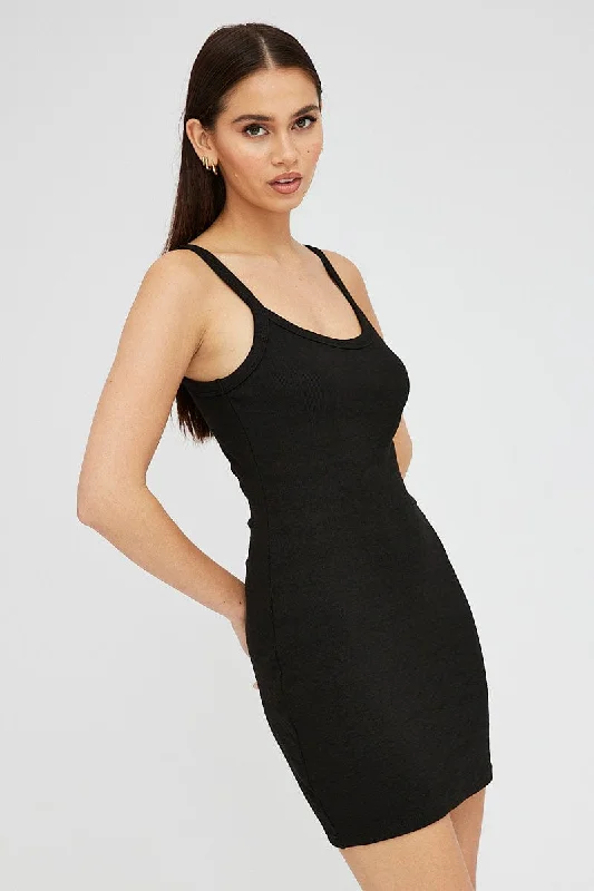 Black Rib Dress Sleeveless Scoop Neck Mini