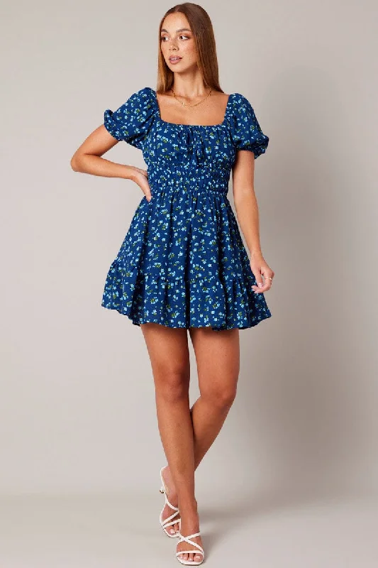 Blue Ditsy Fit And Flare Dress Puff Sleeve Mini