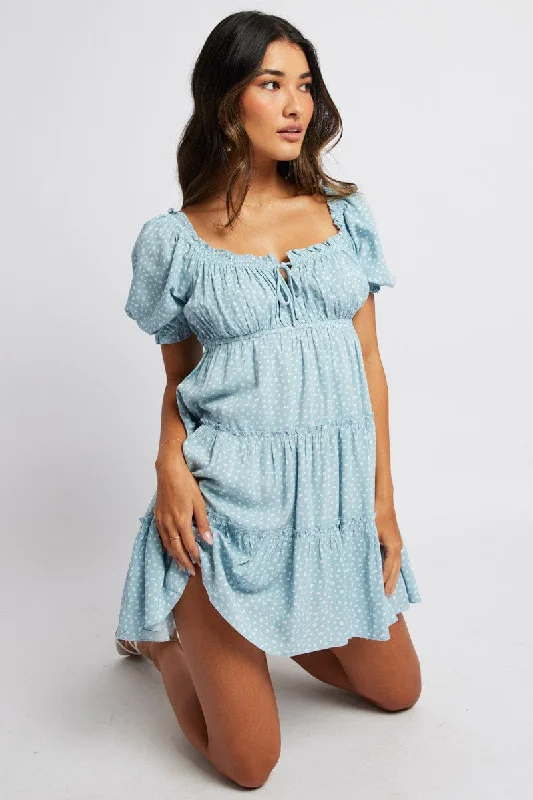 Blue Ditsy Fit And Flare Dress Puff Sleeve Mini