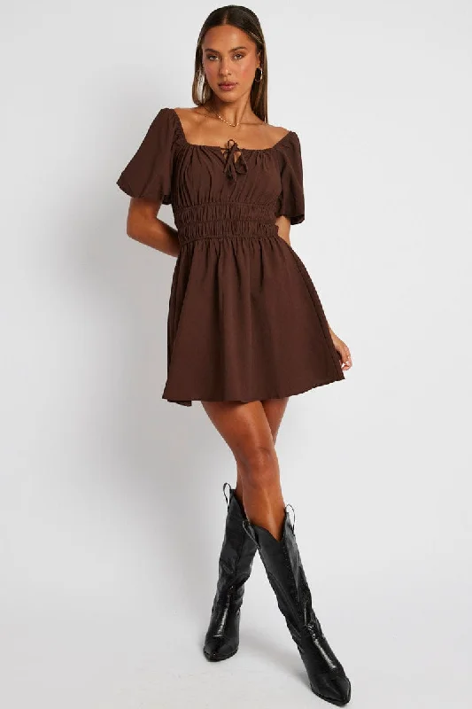 Brown Fit And Flare Dress Puff Sleeve Mini