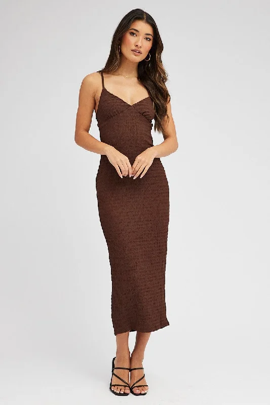 Brown Midi Dress Sleeveless Textured Fabric