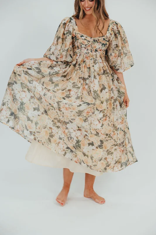 Harlow Maxi Dress in Champagne Floral - Bump Friendly & Inclusive Sizing (S-3XL)