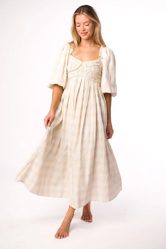 Harlow Maxi Dress in Natural Plaid with Stretchy Neckline - Bump Friendly (S-XL)