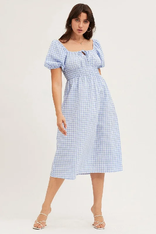 Check Dress Short Sleeve Midi Square Neck