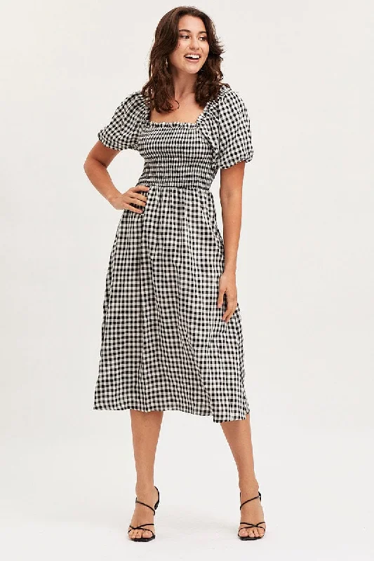 Check Midi Dress Short Sleeve Square Neck