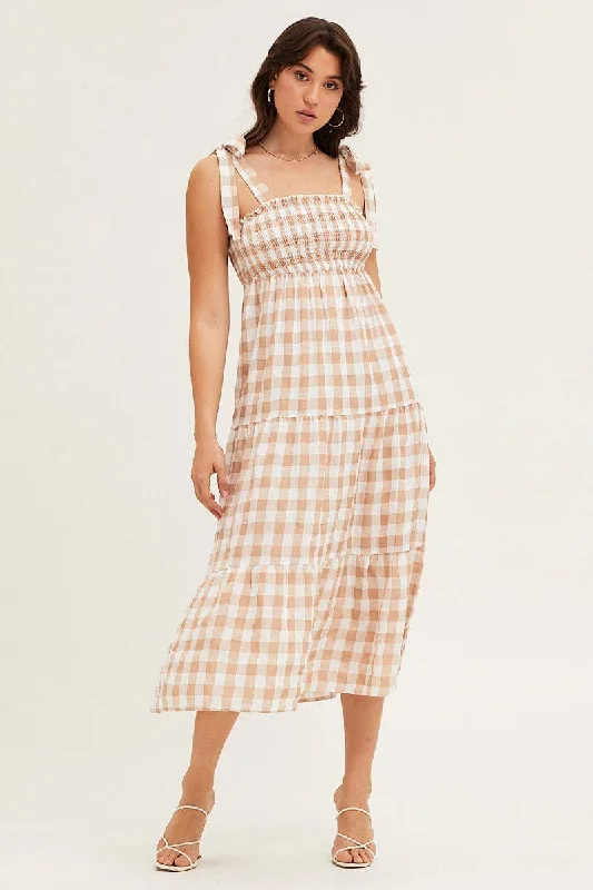 Check Tied Shoulder Midi Dress