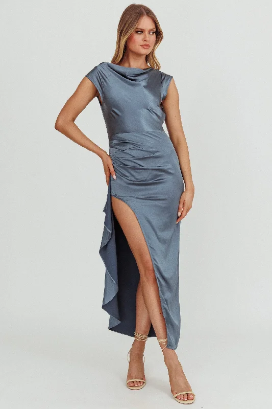 Grecian Cap Sleeve Cowl Back Dress Steel Blue