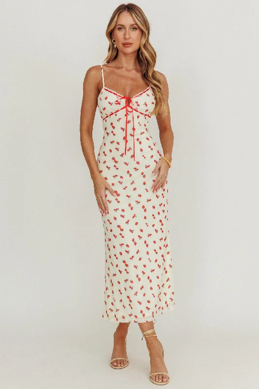 Heart Ablaze Strawberry Cherry Print Midi Dress Cream