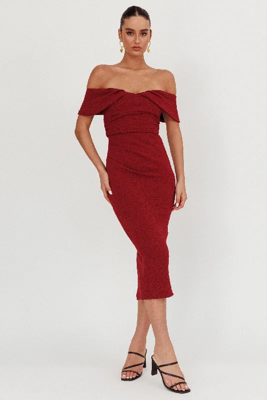 Lillianne Off-Shoulder Midi Dress Wine