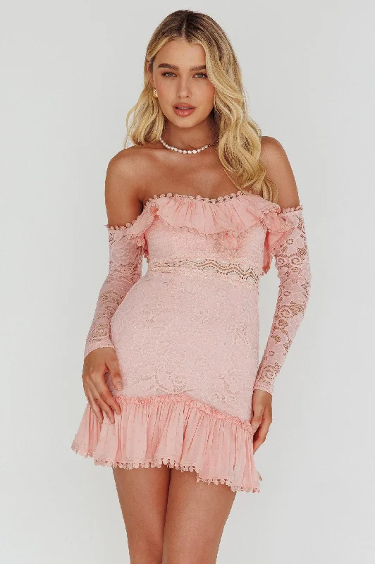 Mae Long Sleeve Sweetheart Crochet Lace Dress Blush