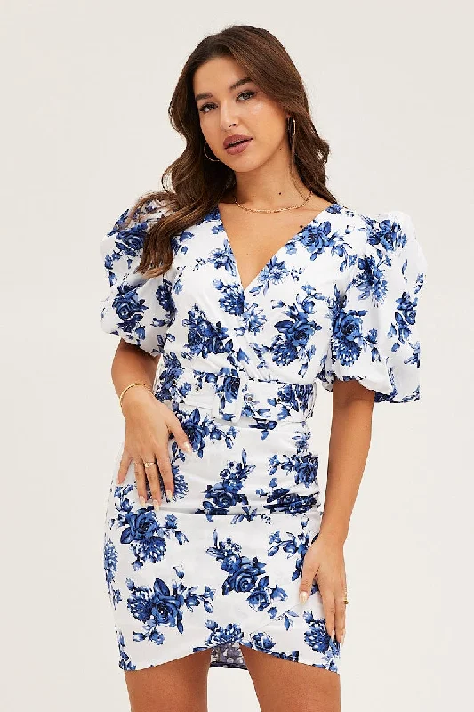 Print Mini Dress Short Puff Sleeve V-Neck Belted