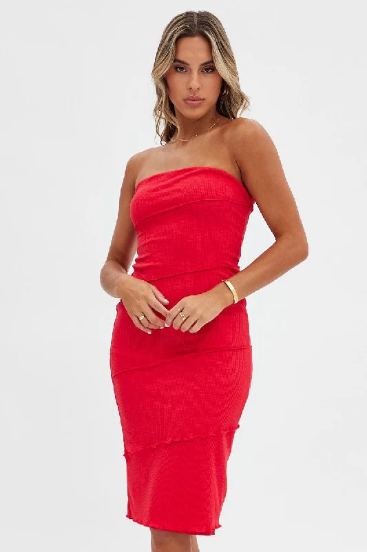 Red Boob Tube Dress Midi Bodycon Ribbed Bandeau