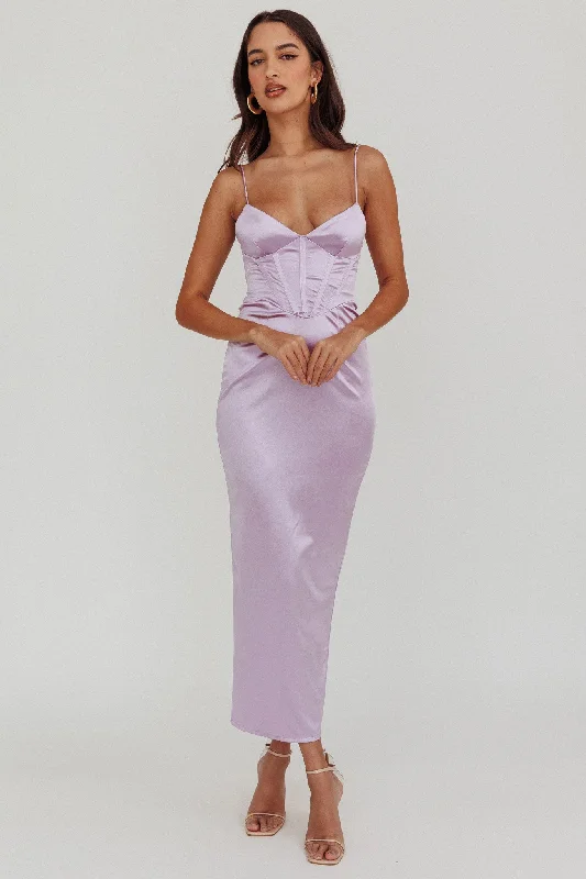 Seraya Lace-Up Back Satin Maxi Dress Lilac