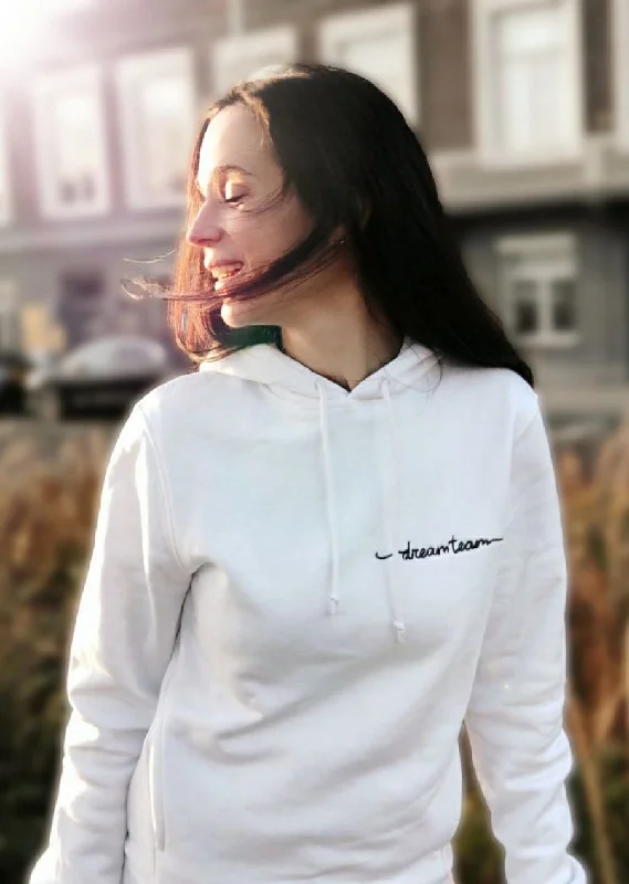 Witte Dreamteam hoodie van biologisch katoen met geborduurd zwart artwork