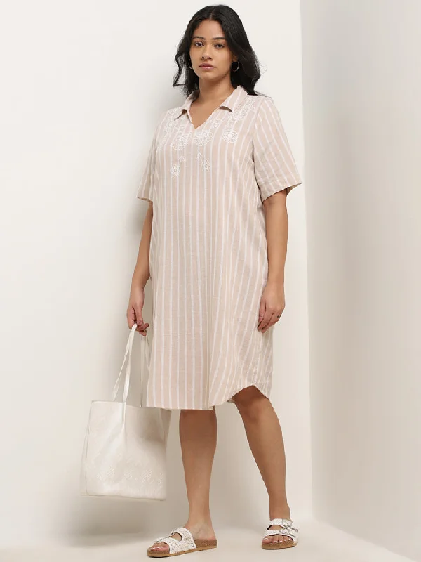Plus Size Women Dress with a Flattering A - Line Cut for Comfort and Style Plus Size Women Dress with a Flattering A - Line Cut for Comfort and Style Gia Beige Striped Design Blended Linen Shirt Dress