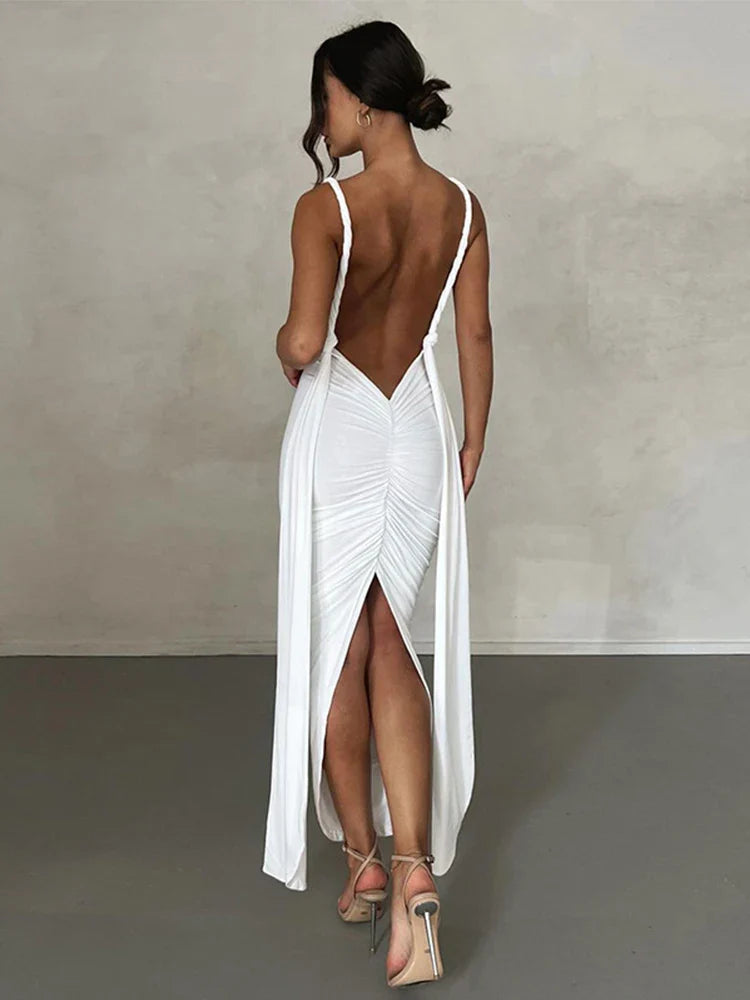 Long Deep V Neck Slim Bandage Bodycon Backless Nightclub Sexy Party Maxi Dress