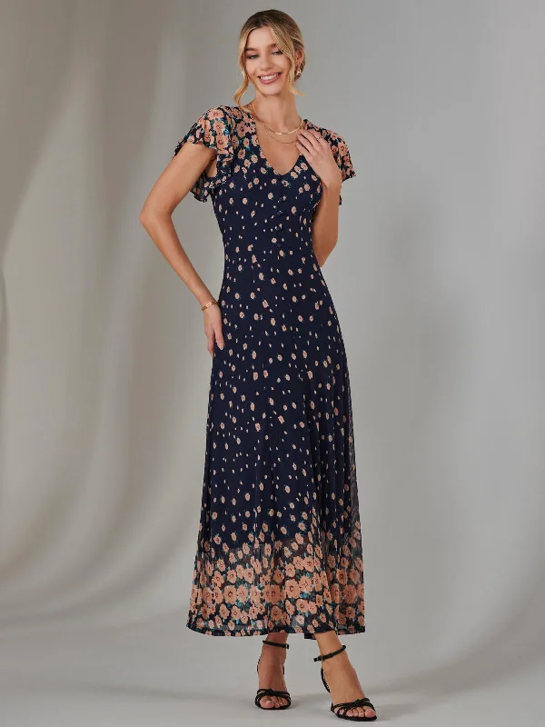 Gina Mirrored Print Mesh Maxi Dress, Navy Multi