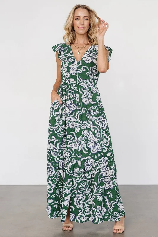 Kaia Button Maxi Dress | Green Print