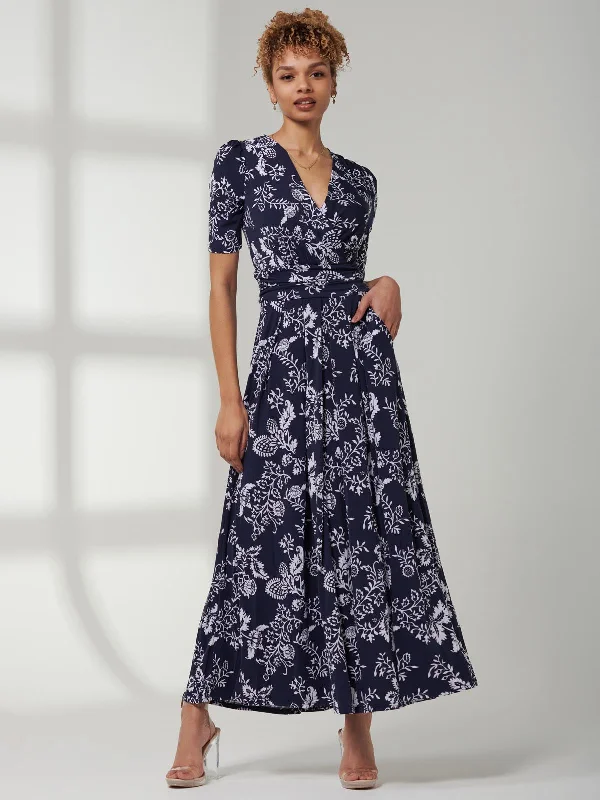 Pleated Jersey Maxi Dress, Navy White Floral