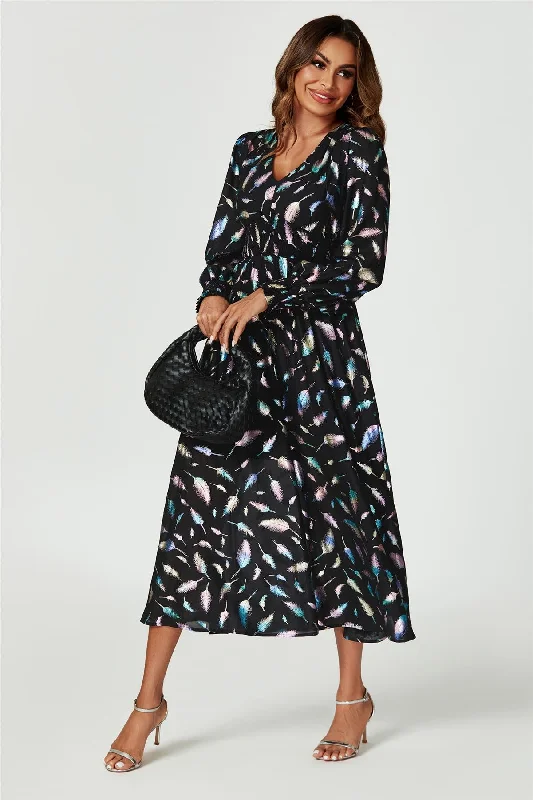 Rainbow Leaf Foil Long Sleeve Maxi Dress In Black