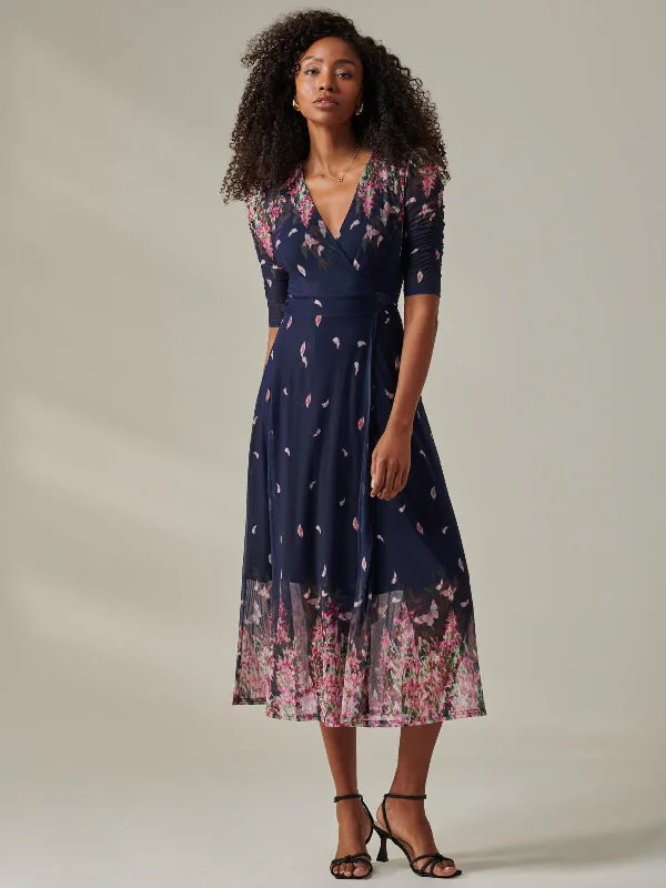 Stella Floral Print Wrap Mesh Maxi Dress, Navy Pink Multi