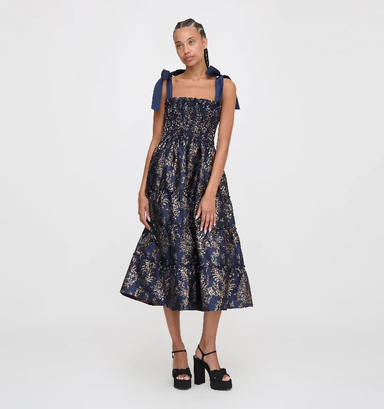 The Ribbon Ellie Nap Dress - Navy Bird Brocade