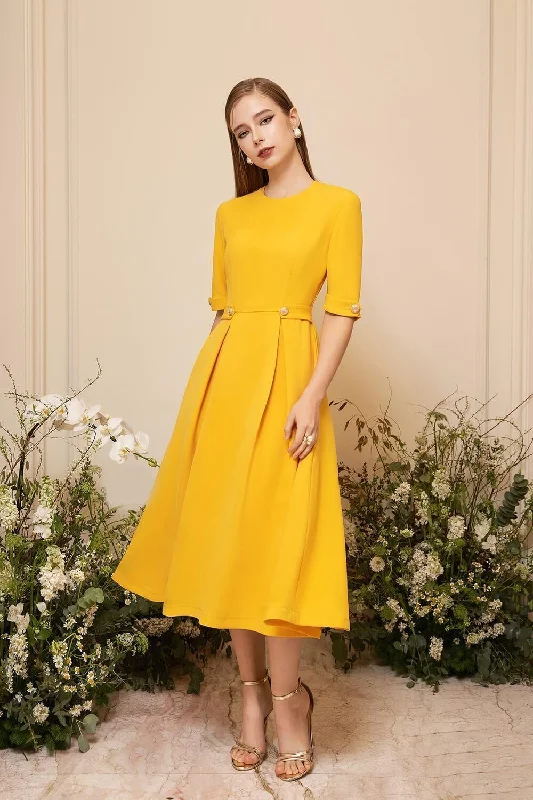 Adaline Fit and Flare Round Neck Cavalry Twill Midi Dress