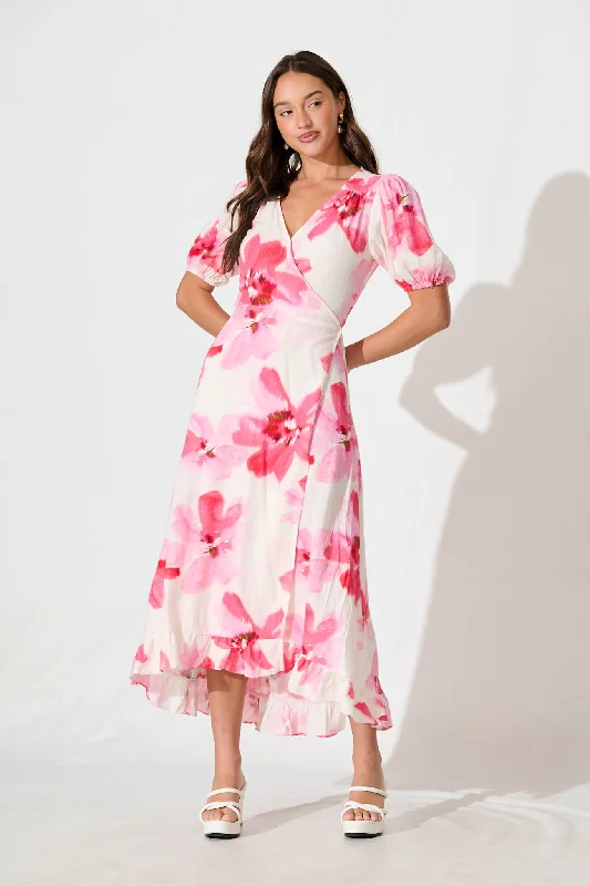 Annina Midi Wrap Dress in White with Pink Floral Linen Blend