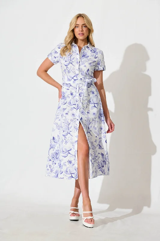 Delphi Midi Shirt Dress in White with Blue Floral Cotton