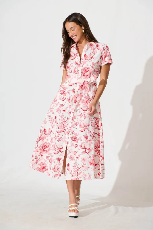 Delphi Midi Shirt Dress in White with Red Floral Cotton