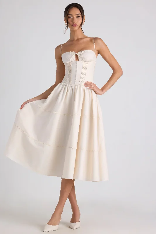 Lace-Trim Pintucked Poplin Midaxi Dress in Ivory