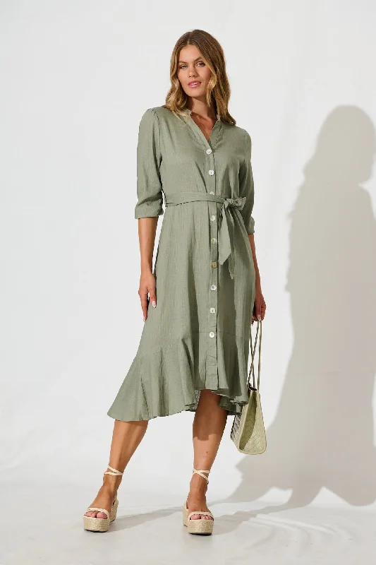 Heartland Midi Dress In Khaki Linen Blend