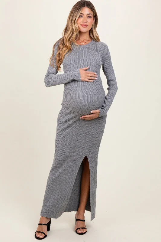 Heather Grey Ribbed Knit Long Sleeve Side Slit Maternity Maxi Dress