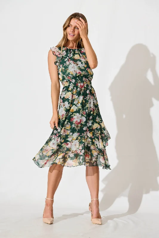 Inaya Midi Dress in Emerald with Multi Floral Chiffon