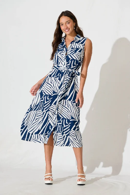 Lahira Midi Shirt Dress in Navy with White Print