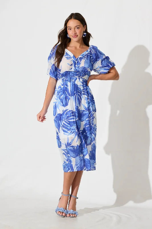 Lavita Midi Dress in Blue Leaf Print