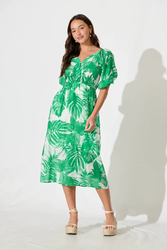 Lavita Midi Dress in Green Leaf Print