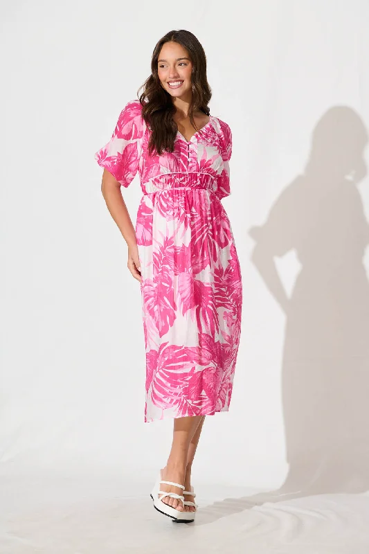 Lavita Midi Dress in Pink Leaf Print