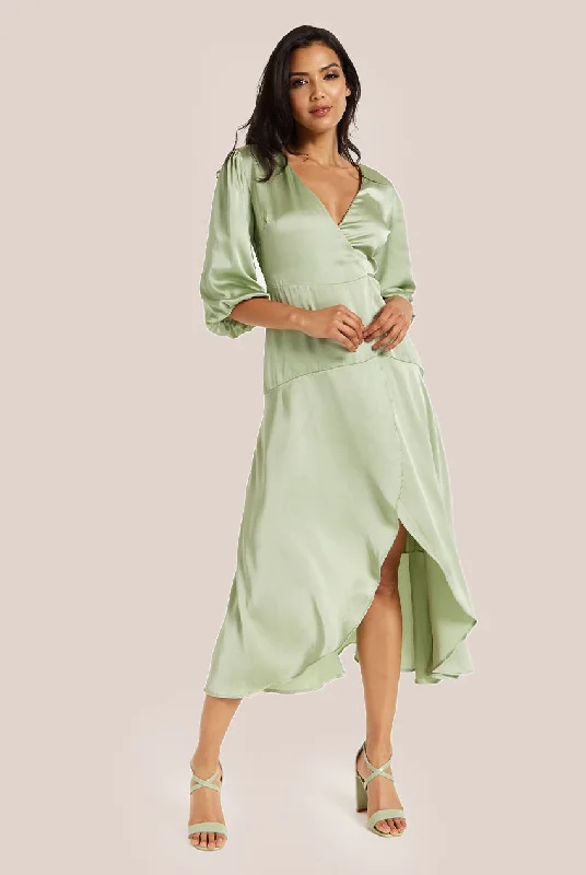 Liquorish Sage Green Midi Wrap Dress With Short Puff Sleeves