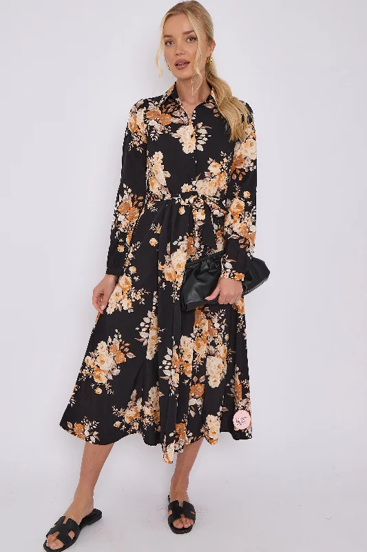 LOVE SUNSHINE Black Floral Print Midaxi Shirt Dress