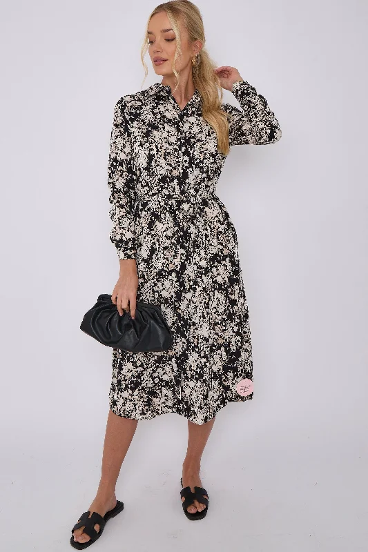 LOVE SUNSHINE Black Tie Dye Print Long Sleeve Midi Shirt Dress