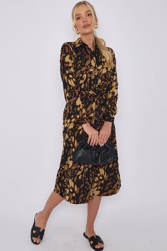 LOVE SUNSHINE Brown Leopard Print Long Sleeve Midi Shirt Dress